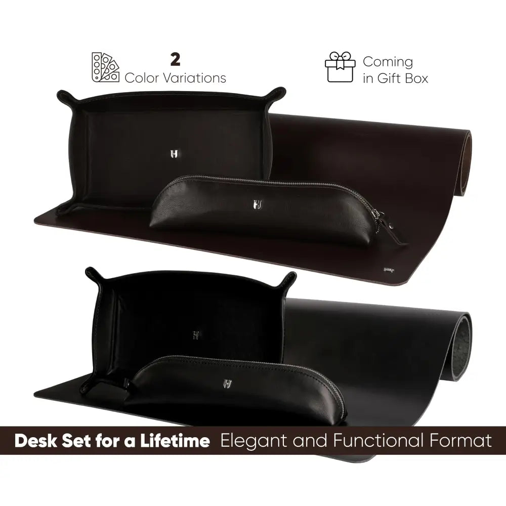 3-Pc Premium Full-Grain Leather Desk Organizer Set | Mat Pencil Case & Tray | Chic Decor Accessories | Gift