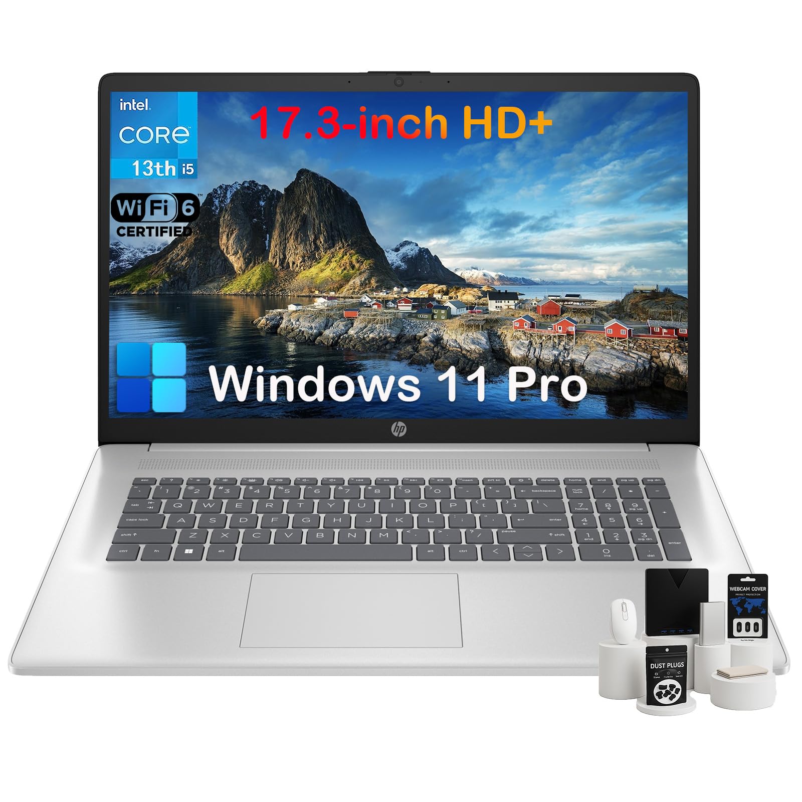 HP 17 Laptop Computer for Business, 64GB RAM, 2TB SSD, Intel 10-Core i5-1334U, 17.3" HD+ Anti-Glare Display, Win11 Pro, Backlit Keyboard, Fingerprint, Numeric Keypad, 720p HD Camera, w/Accessories