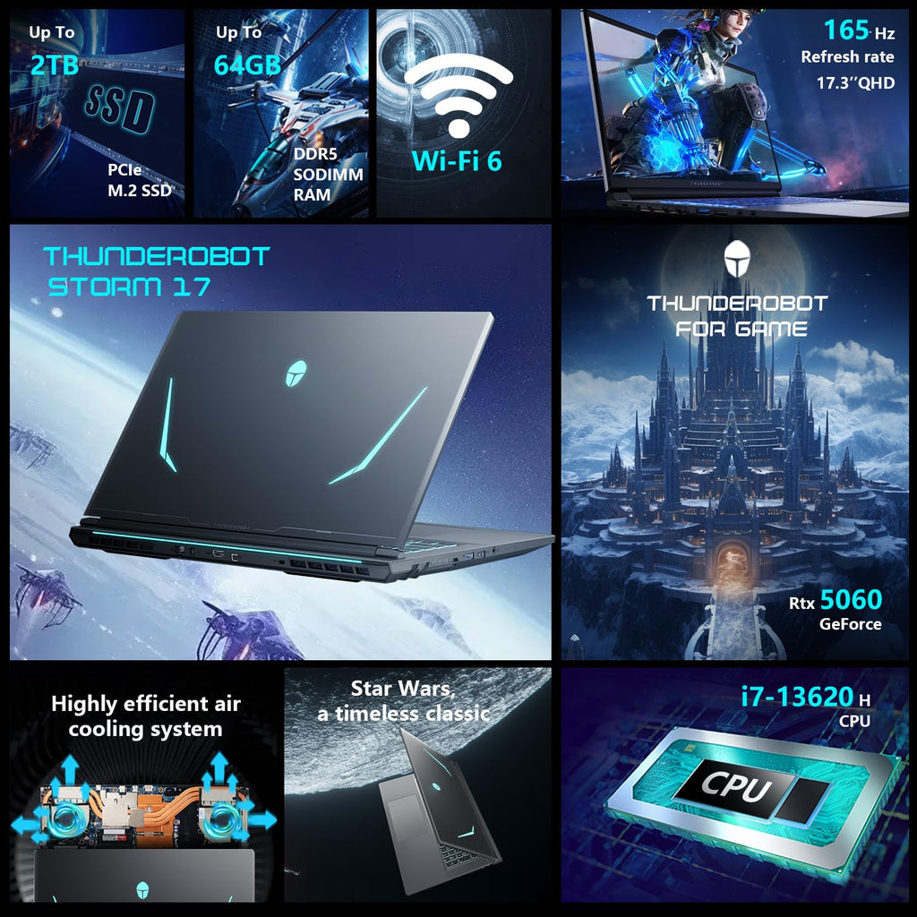 Thunderobot Storm 17 5070 Gaming Laptop, 17.3" QHD 165Hz 2K Display, Core i7-13620H, GeForce RTX 5070, 64GB DDR5 RAM, 2TB SSD, RGB Backlit Keyboard, HDMI, Wi-Fi 6, Win11 Home