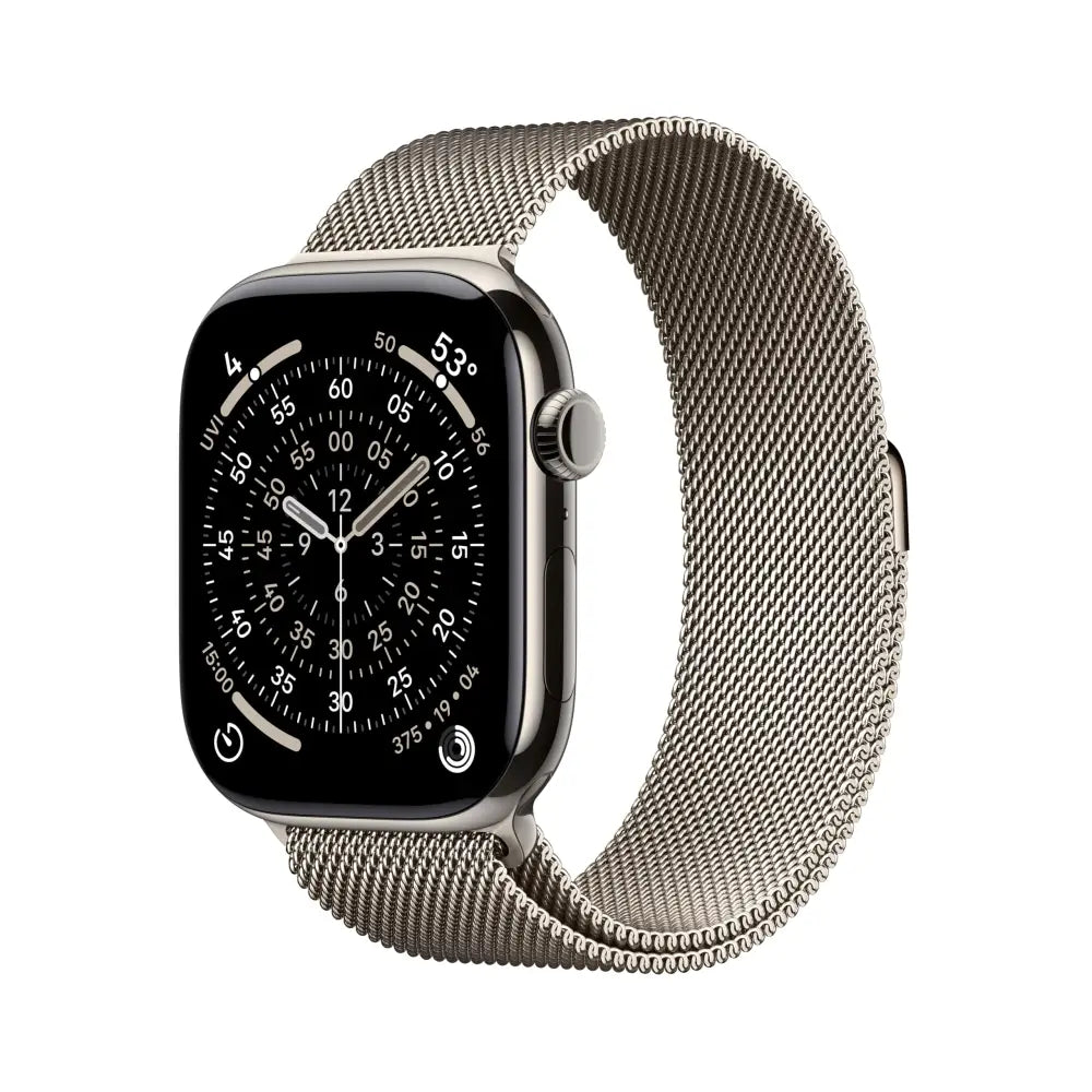Apple Watch Series 11 [GPS + Cellular 42mm] Smartwatch with Natural Titanium Case with Stone Gray Sport Band - S/M.