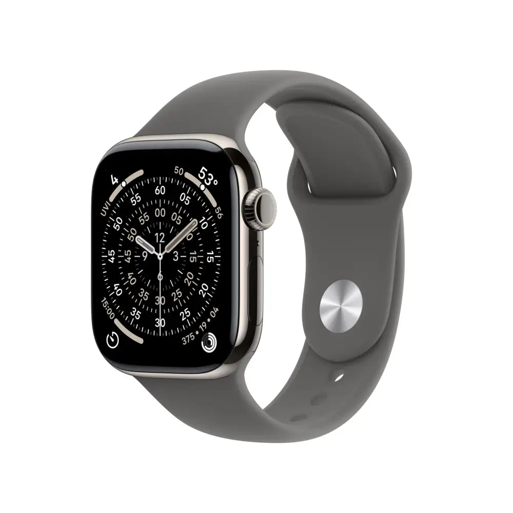 Apple Watch Series 11 [GPS + Cellular 42mm] Smartwatch with Natural Titanium Case with Stone Gray Sport Band - S/M.
