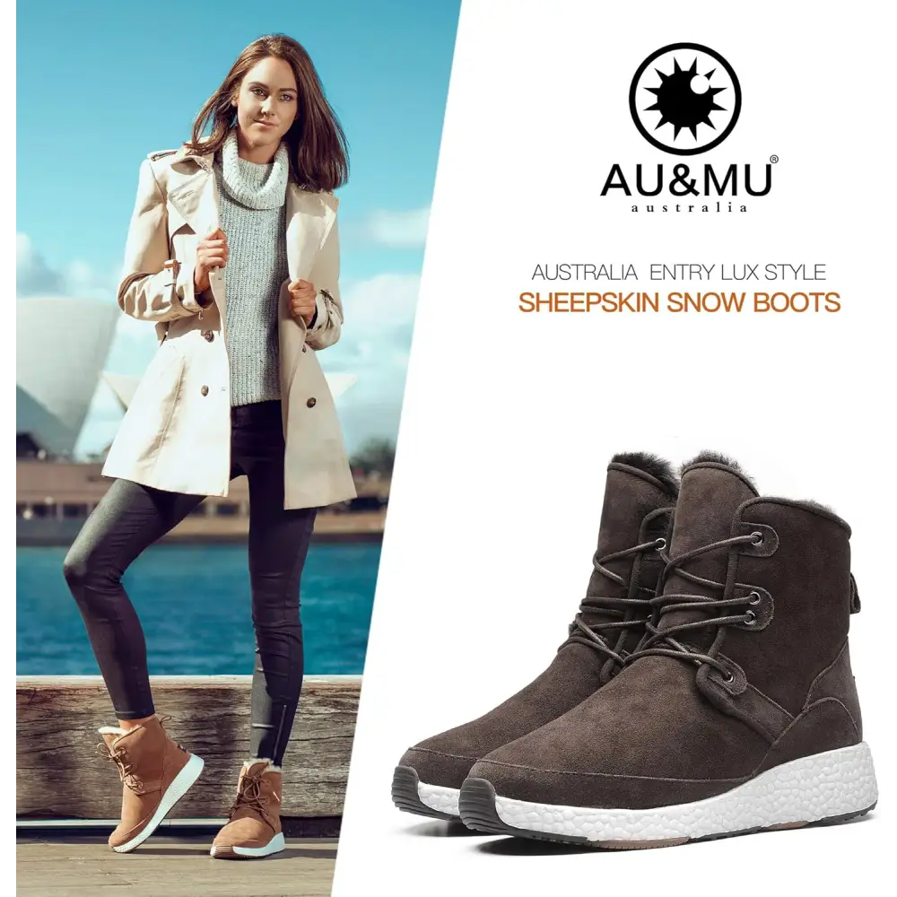 AU&MU Aumu Sheepskin Taurus Metal Buckle Brass Eyelets Suede Upper Laces Winter Snow Boots ……