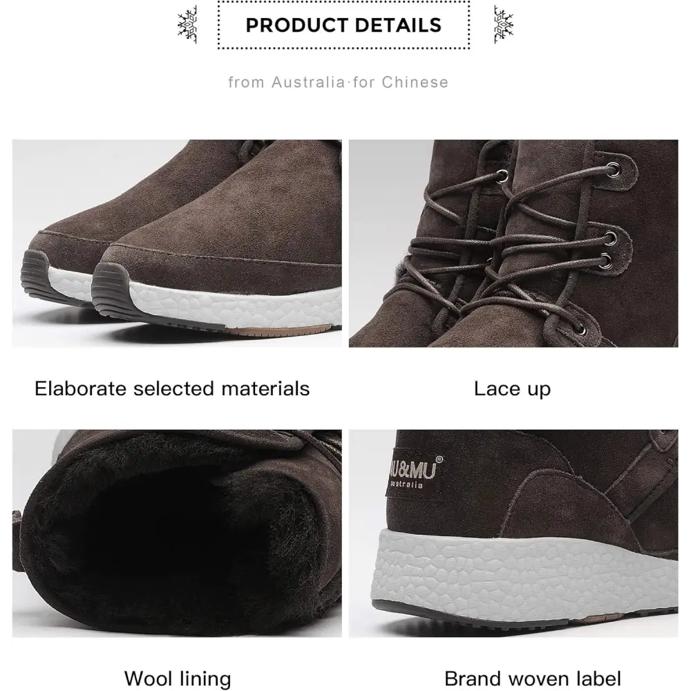 AU&MU Aumu Sheepskin Taurus Metal Buckle Brass Eyelets Suede Upper Laces Winter Snow Boots ……