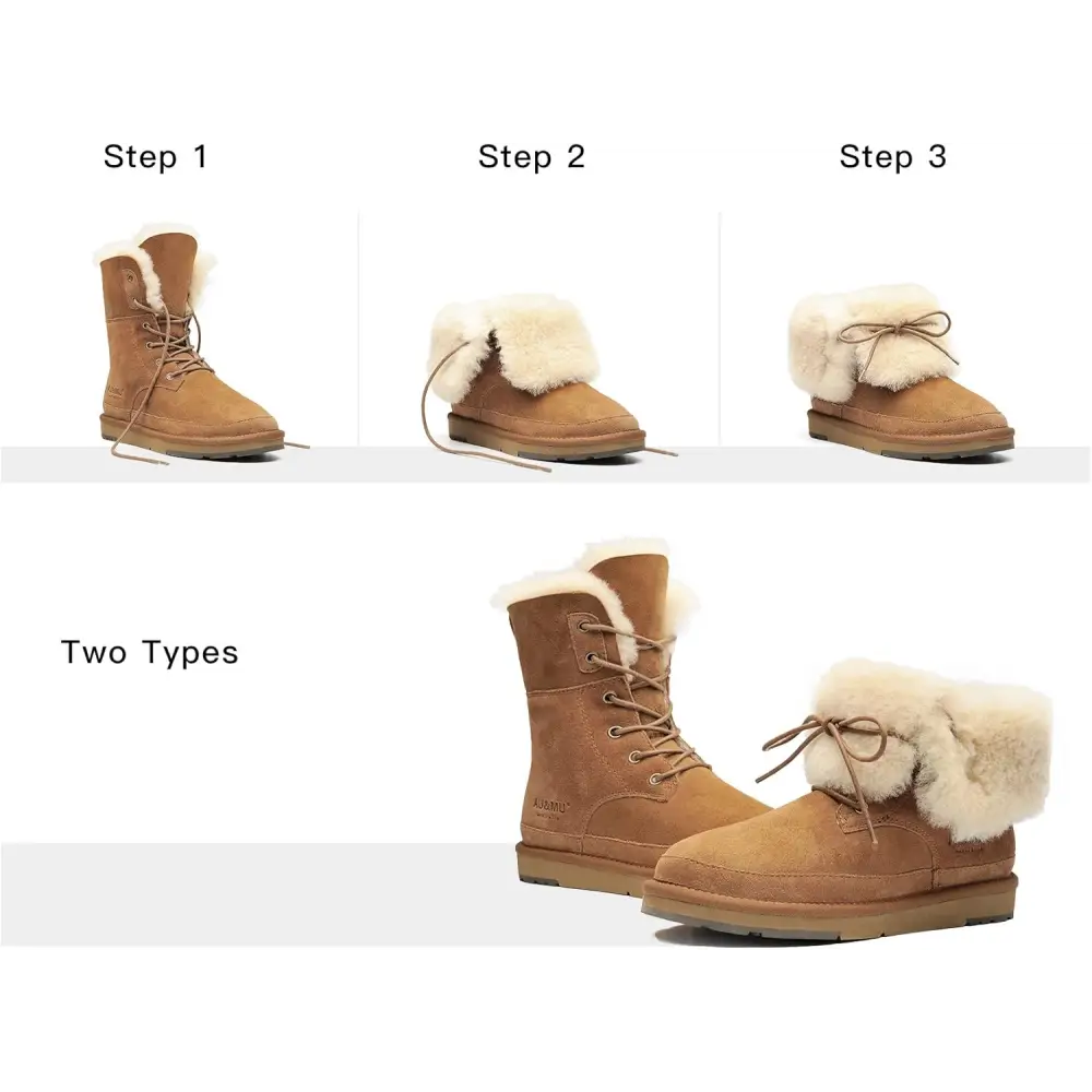 AU&MU Aumu Women’s Classic Lace Up Mid- Calf Flat Fur Snow Boot Winter Boot Black Size 5…