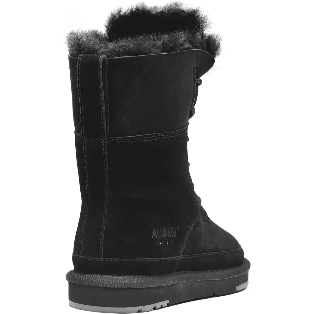 AU&MU Aumu Women’s Classic Lace Up Mid- Calf Flat Fur Snow Boot Winter Boot Black Size 5…