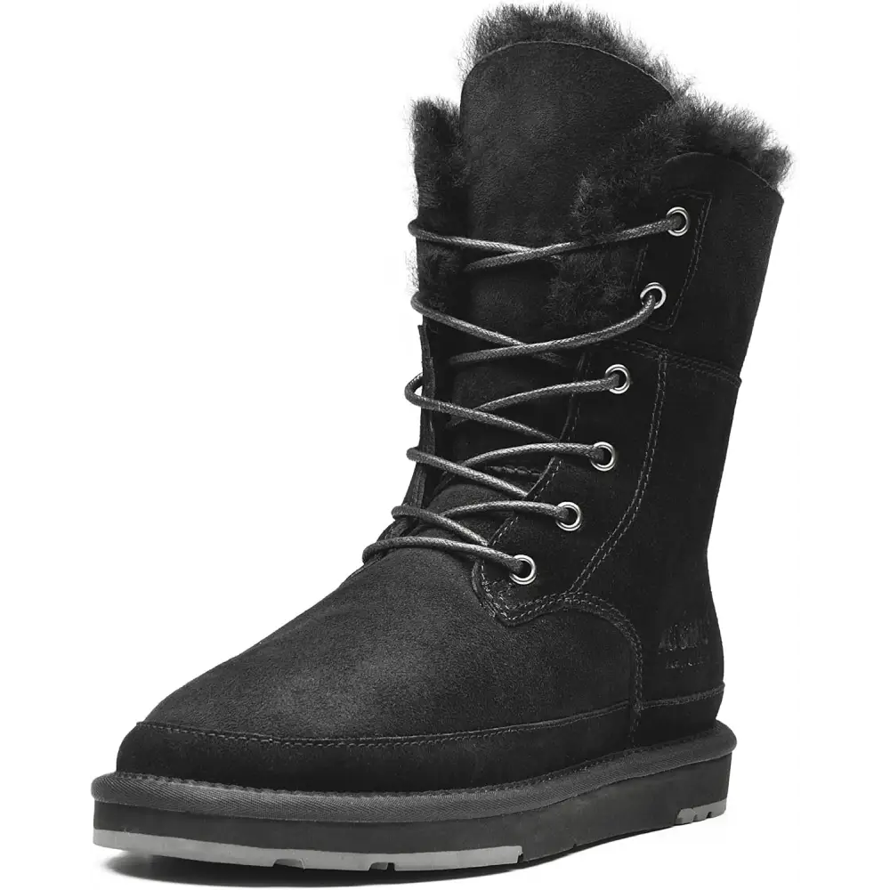 AU&MU Aumu Women’s Classic Lace Up Mid- Calf Flat Fur Snow Boot Winter Boot Black Size 5…