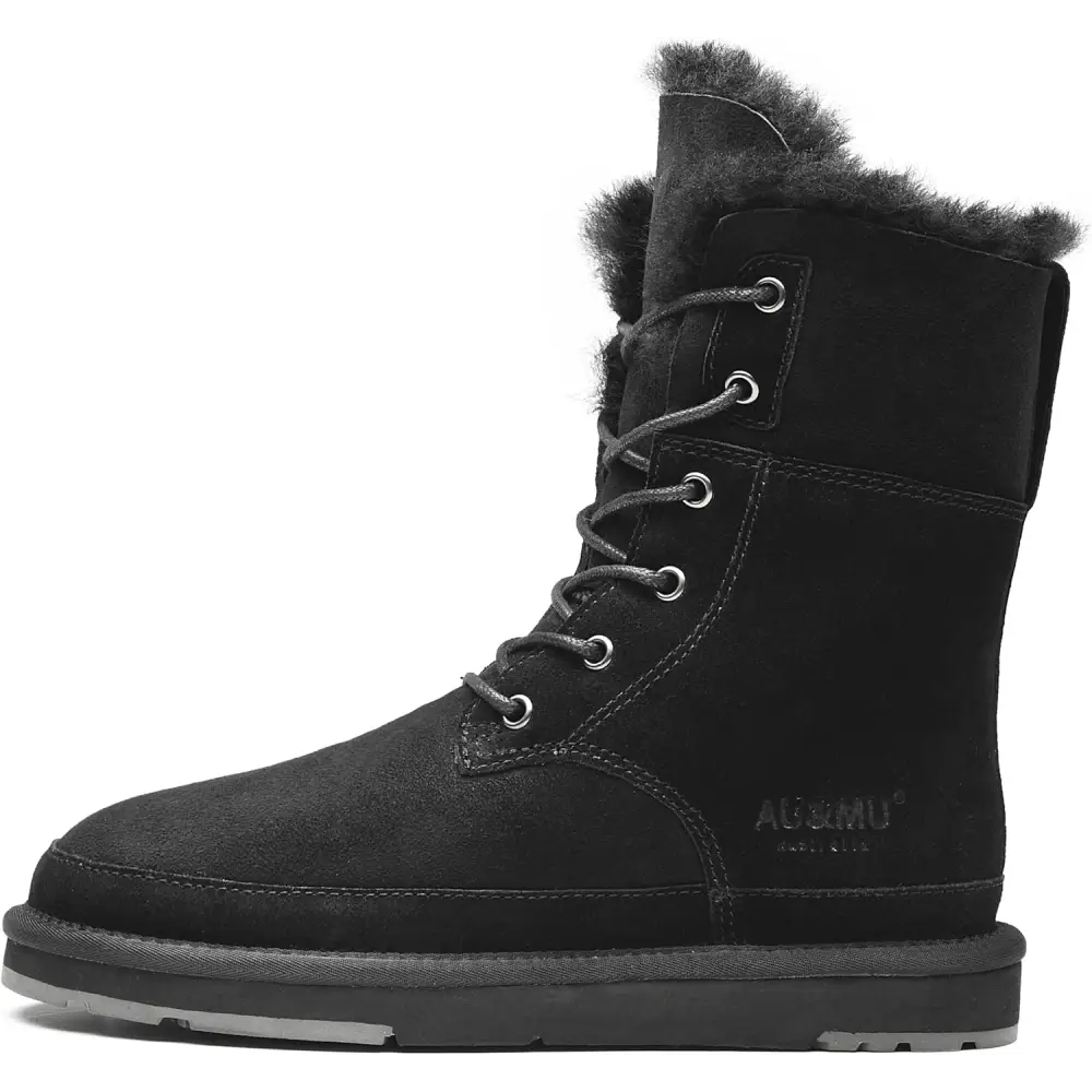 AU&MU Aumu Women’s Classic Lace Up Mid- Calf Flat Fur Snow Boot Winter Boot Black Size 5…