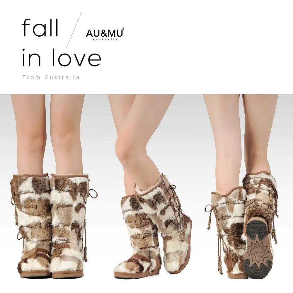 AU&MU Aumu Womens Comfort Suede Fur Shearling Stylish Knee High Winter Snow Boots Women Sheepskin