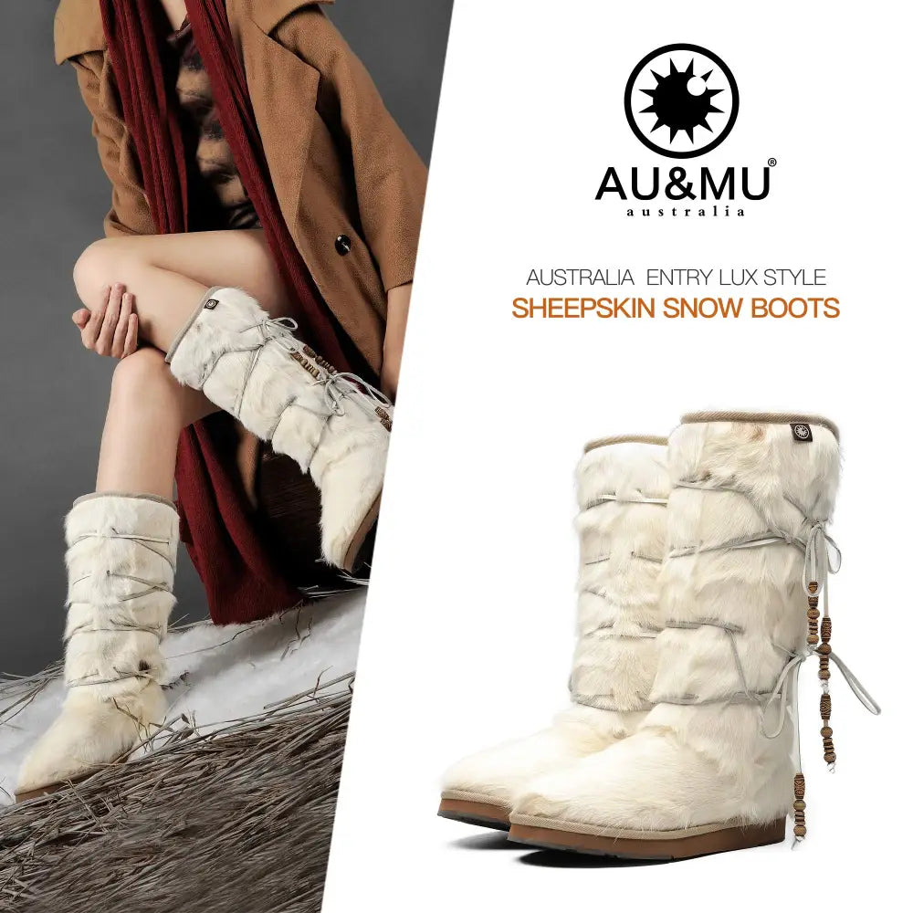 AU&MU Aumu Womens Comfort Suede Fur Shearling Stylish Knee High Winter Snow Boots Women Sheepskin