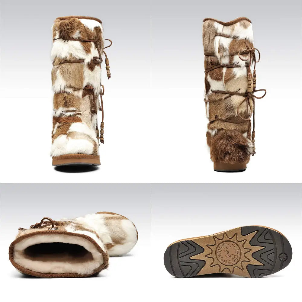 AU&MU Aumu Womens Comfort Suede Fur Shearling Stylish Knee High Winter Snow Boots Women Sheepskin