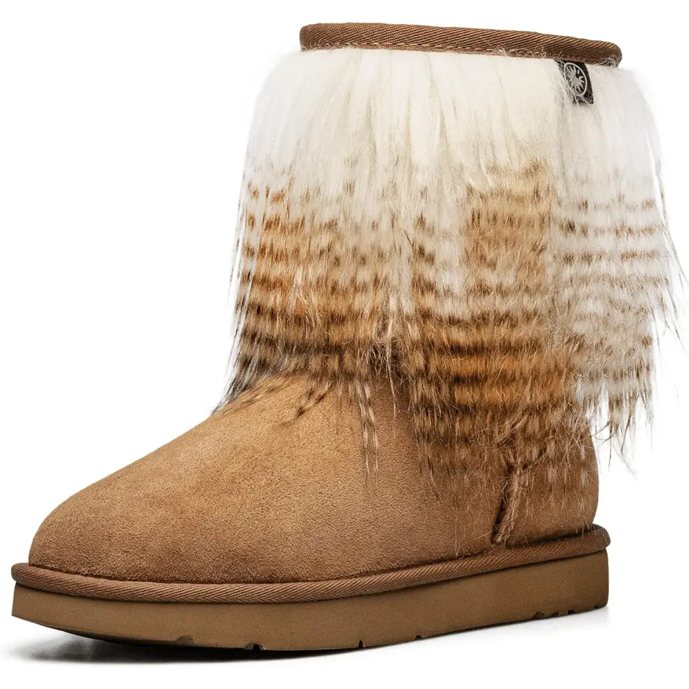 AU&MU AUMU Women’s Faux Fur Boot Furry Fluffy Short Snow Boot Sheep Insole - Chestnut3 / 12