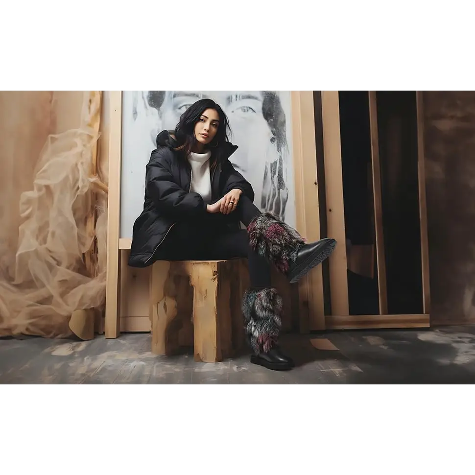 AU&MU Aumu Women’s Fur Boot Furry Fluffy Mid-Calf Boots Warm Comfortable Outdoor Snow boots