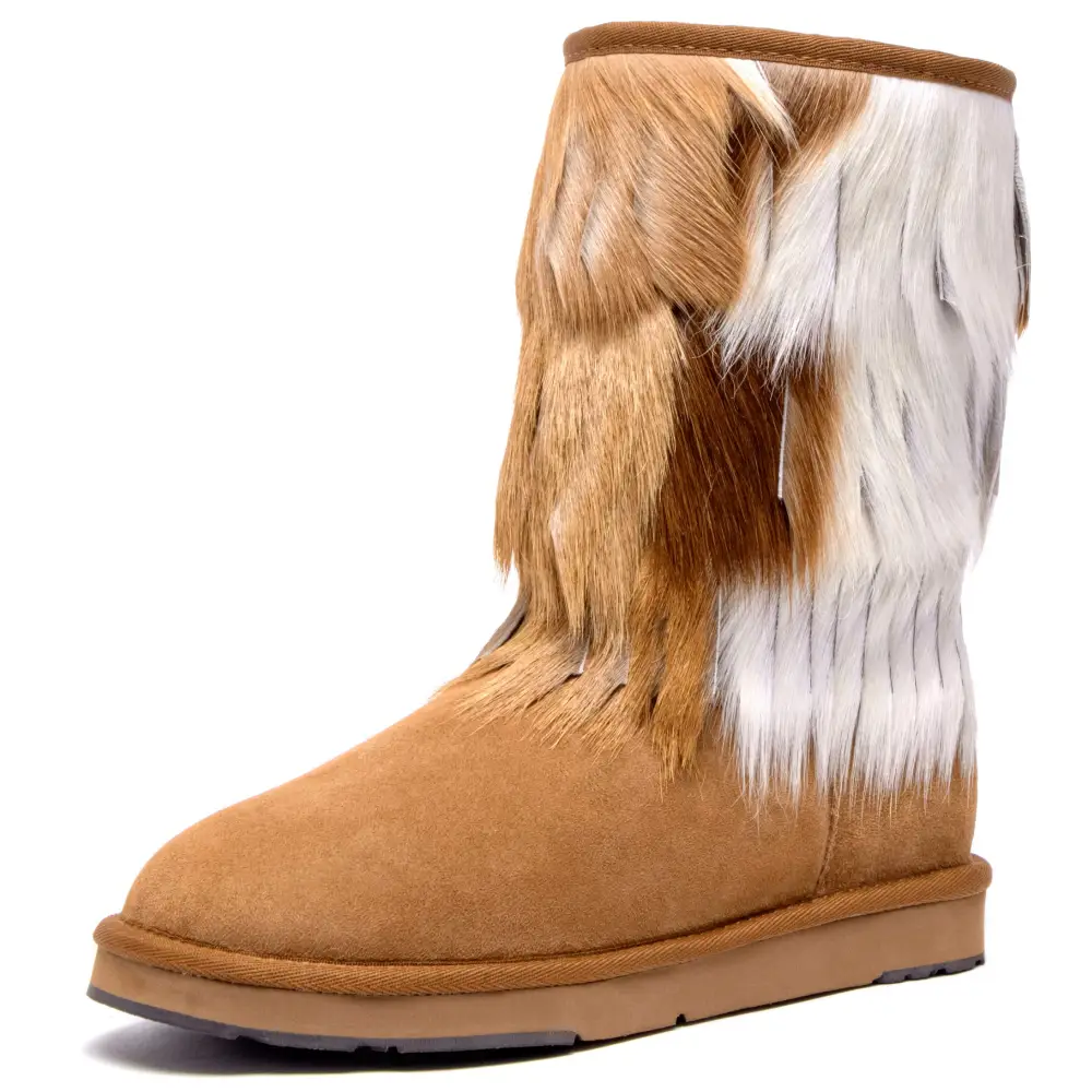 AU&MU Aumu Women’s Fur Boot Furry Fluffy Mid-Calf Boots Warm Comfortable Outdoor Snow boots - 6 / Chestnut3