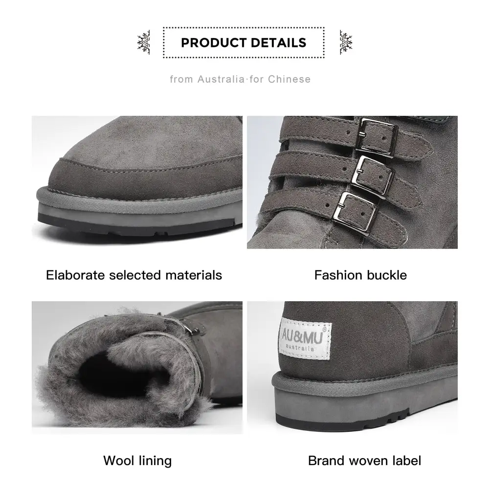 AU&MU Aumu Womens Shearling Leather Sheepskin Classic Lace up Mid Calf Flat Fur Winter Snow Boots…