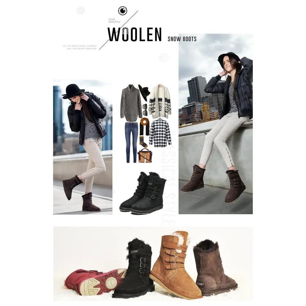 AU&MU Aumu Womens Shearling Leather Sheepskin Classic Lace up Mid Calf Flat Fur Winter Snow Boots…