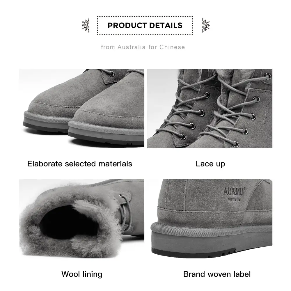 AU&MU Aumu Womens Shearling Leather Sheepskin Classic Lace up Mid Calf Flat Fur Winter Snow Boots…