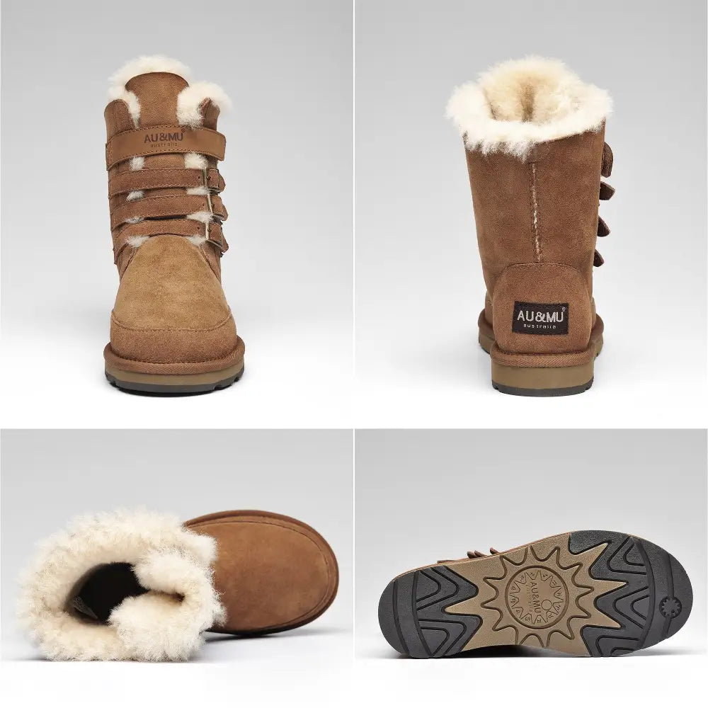 AU&MU Aumu Womens Shearling Leather Sheepskin Classic Lace up Mid Calf Flat Fur Winter Snow Boots…