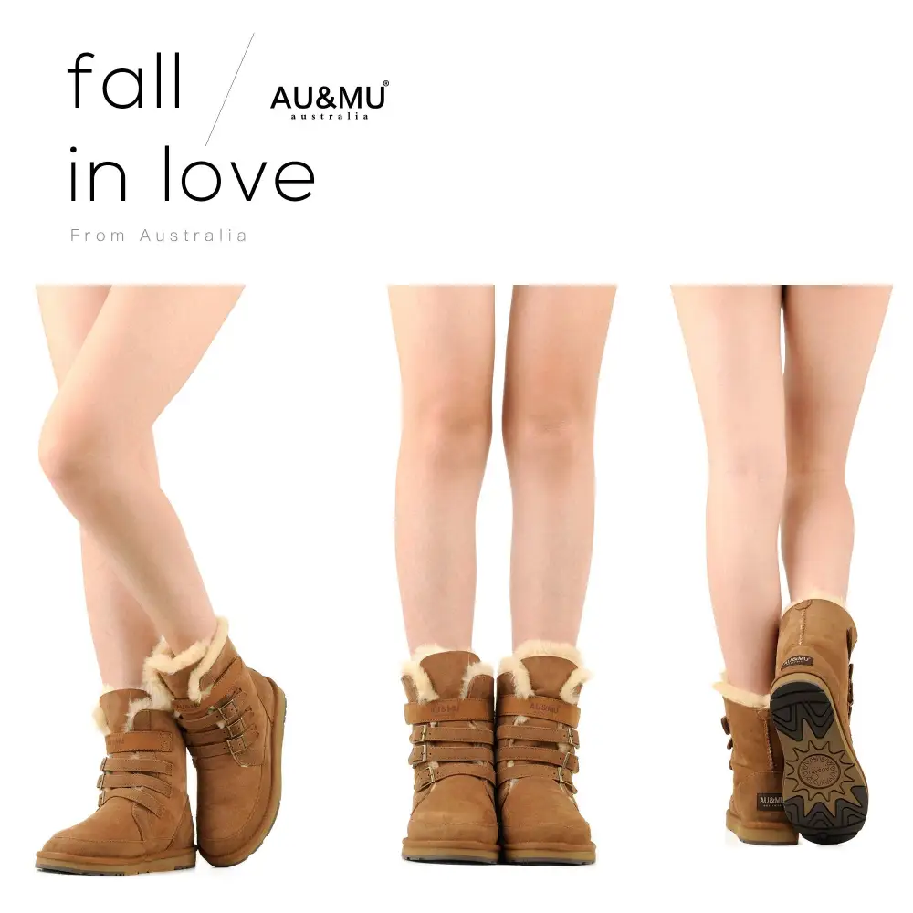 AU&MU Aumu Womens Shearling Leather Sheepskin Classic Lace up Mid Calf Flat Fur Winter Snow Boots…