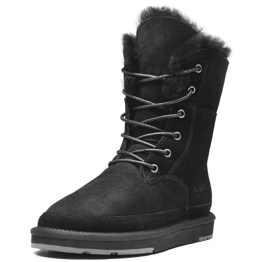AU&MU Aumu Womens Shearling Leather Sheepskin Classic Lace up Mid Calf Flat Fur Winter Snow Boots… - 11 / Black