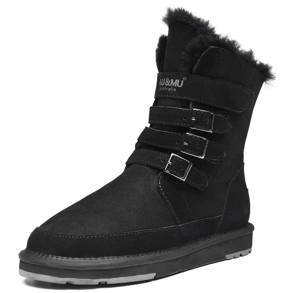 AU&MU Aumu Womens Shearling Leather Sheepskin Classic Lace up Mid Calf Flat Fur Winter Snow Boots… - 11 / Dark Balck