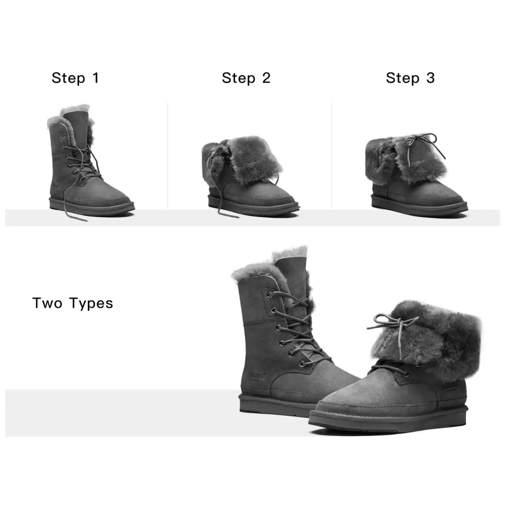 AU&MU Aumu Womens Shearling Leather Sheepskin Classic Lace up Mid Calf Flat Fur Winter Snow Boots…