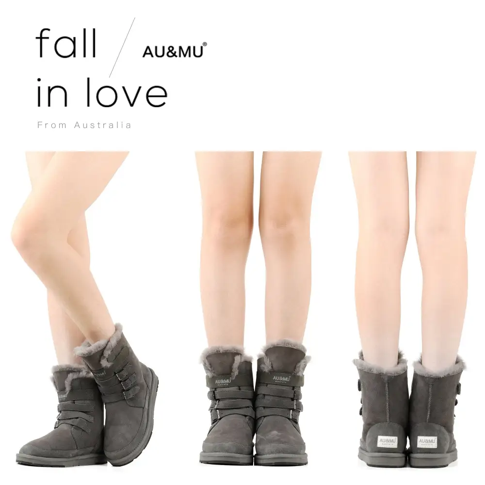 AU&MU Aumu Womens Shearling Leather Sheepskin Classic Lace up Mid Calf Flat Fur Winter Snow Boots…