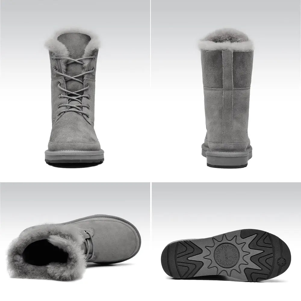 AU&MU Aumu Womens Shearling Leather Sheepskin Classic Lace up Mid Calf Flat Fur Winter Snow Boots…