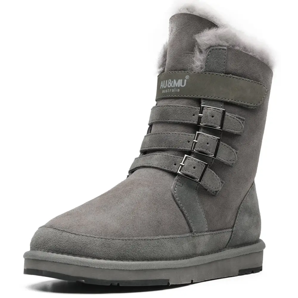 AU&MU Aumu Womens Shearling Leather Sheepskin Classic Lace up Mid Calf Flat Fur Winter Snow Boots…