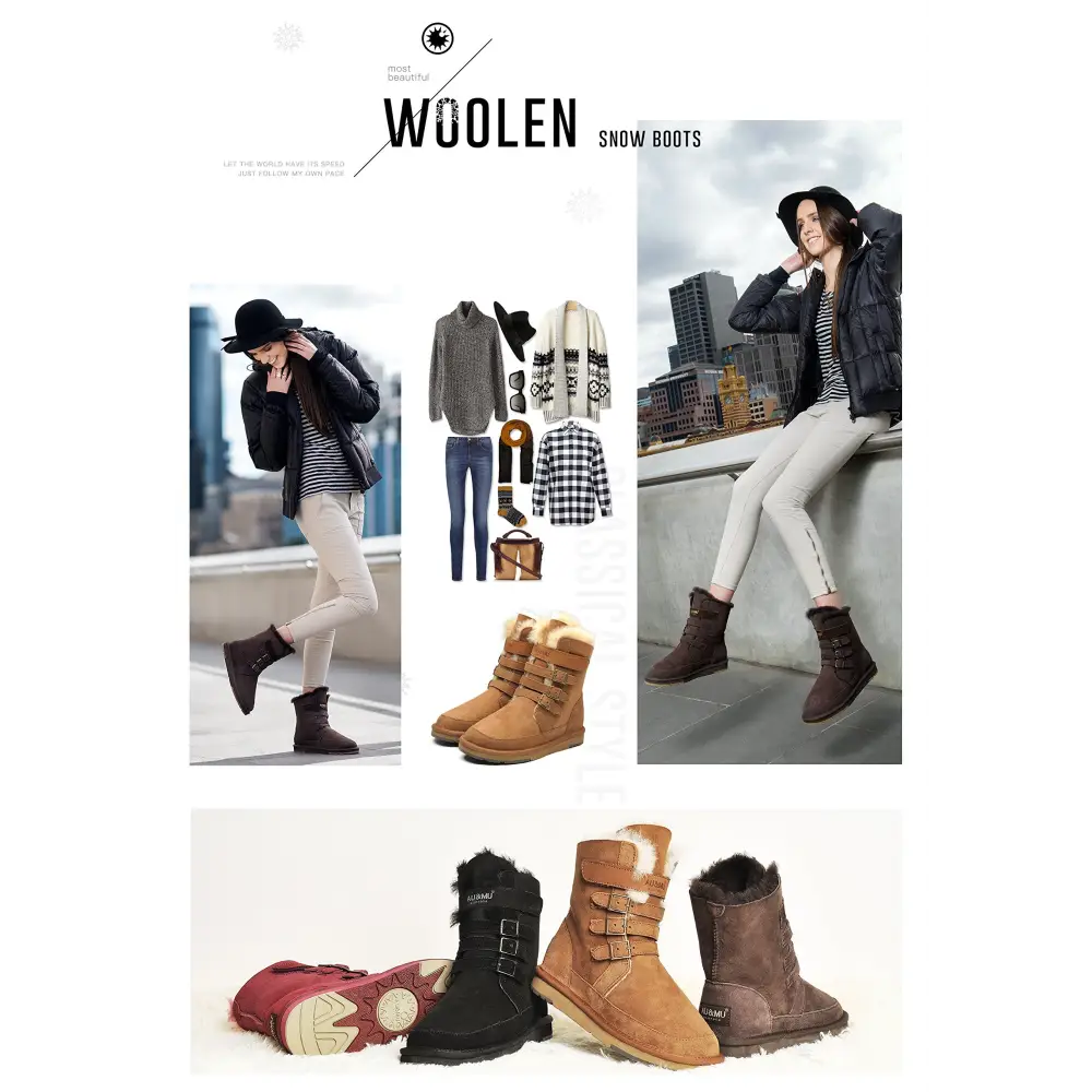 AU&MU Aumu Womens Shearling Leather Sheepskin Classic Lace up Mid Calf Flat Fur Winter Snow Boots…