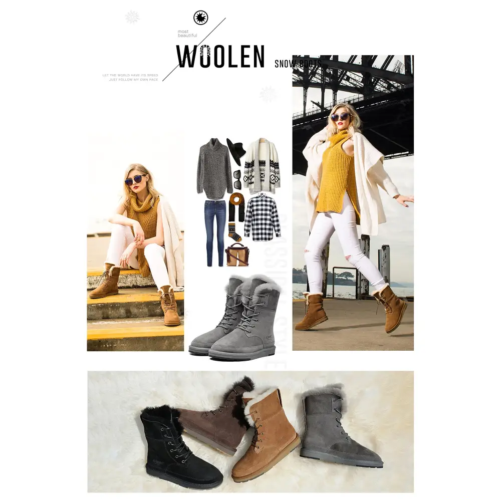 AU&MU Aumu Womens Shearling Leather Sheepskin Classic Lace up Mid Calf Flat Fur Winter Snow Boots…