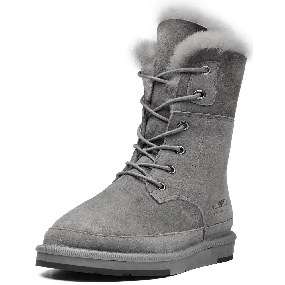 AU&MU Aumu Womens Shearling Leather Sheepskin Classic Lace up Mid Calf Flat Fur Winter Snow Boots… - 6 / Grey