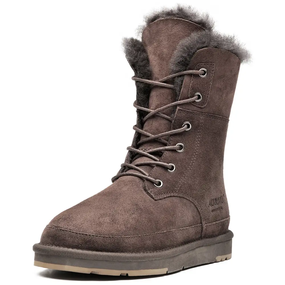 AU&MU Aumu Womens Shearling Leather Sheepskin Classic Lace up Mid Calf Flat Fur Winter Snow Boots… - 6 / Chocolate