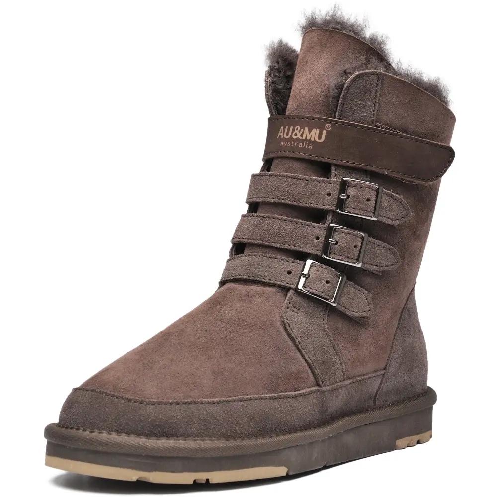 AU&MU Aumu Womens Shearling Leather Sheepskin Classic Lace up Mid Calf Flat Fur Winter Snow Boots…