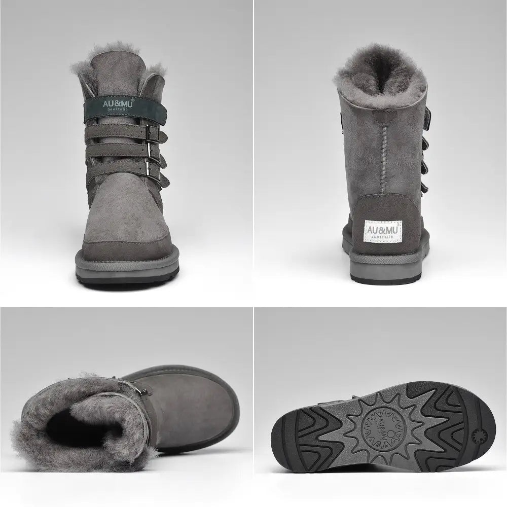 AU&MU Aumu Womens Shearling Leather Sheepskin Classic Lace up Mid Calf Flat Fur Winter Snow Boots…