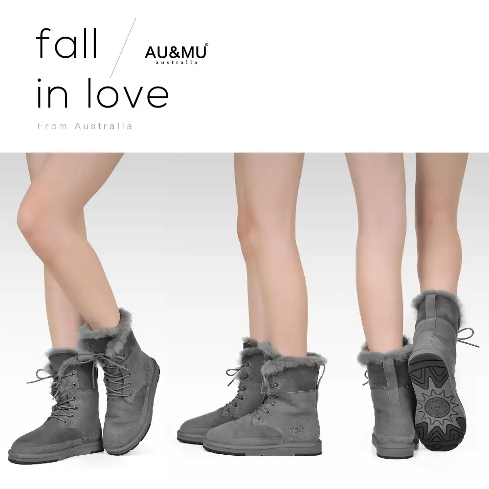 AU&MU Aumu Womens Shearling Leather Sheepskin Classic Lace up Mid Calf Flat Fur Winter Snow Boots…