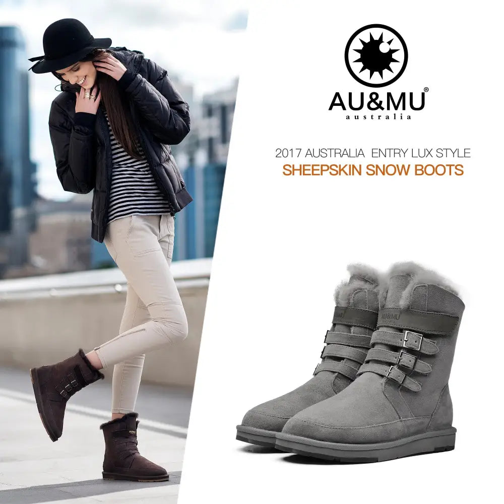 AU&MU Aumu Womens Shearling Leather Sheepskin Classic Lace up Mid Calf Flat Fur Winter Snow Boots…