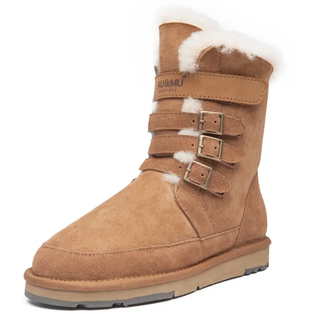 AU&MU Aumu Womens Shearling Leather Sheepskin Classic Lace up Mid Calf Flat Fur Winter Snow Boots… - 7 / Yellow