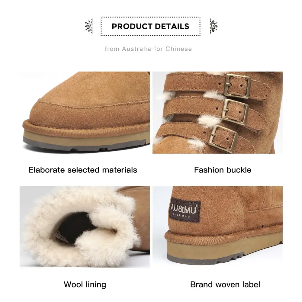 AU&MU Aumu Womens Shearling Leather Sheepskin Classic Lace up Mid Calf Flat Fur Winter Snow Boots…