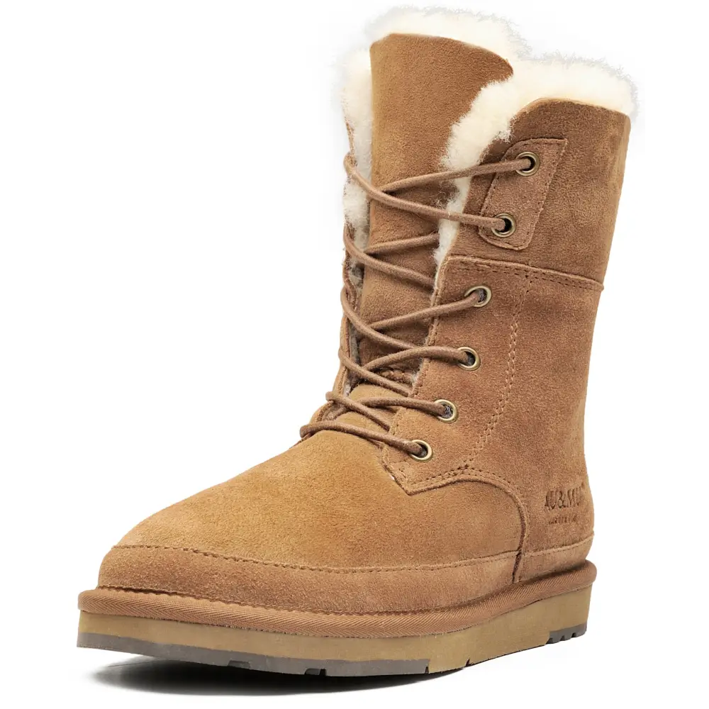 AU&MU Aumu Womens Shearling Leather Sheepskin Classic Lace up Mid Calf Flat Fur Winter Snow Boots… - 12 / Chestnut