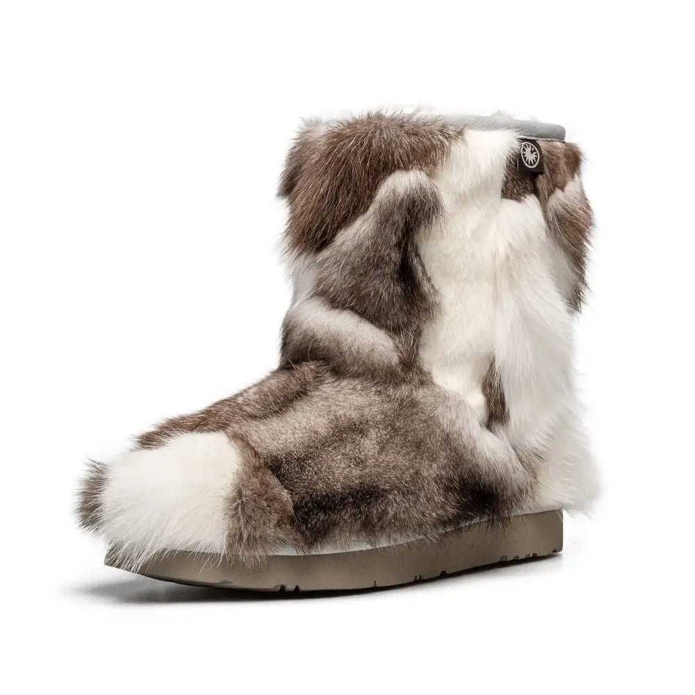 AU&MU Aumu Womens Short Winter Snow Boots Classic Thermal Fur Boot Furry Fluffy Warm - 9 / Grey/White