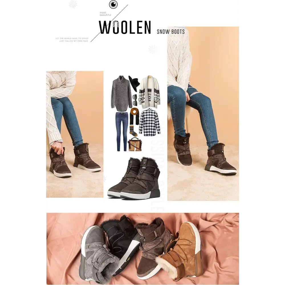 AU&MU Sheepskin Cross Elastic Bnad Metal Short Ankle Fur Wool Lining Winter Snow Boots…