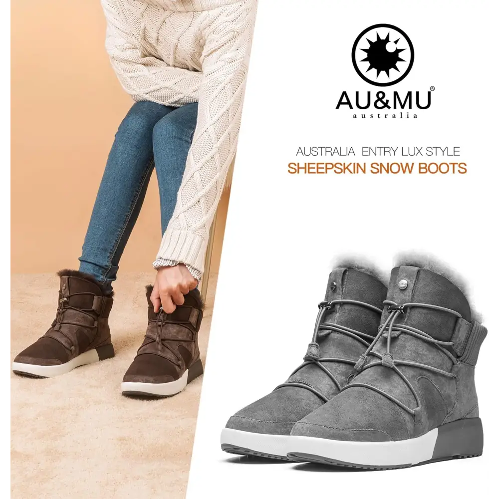 AU&MU Sheepskin Cross Elastic Bnad Metal Short Ankle Fur Wool Lining Winter Snow Boots…