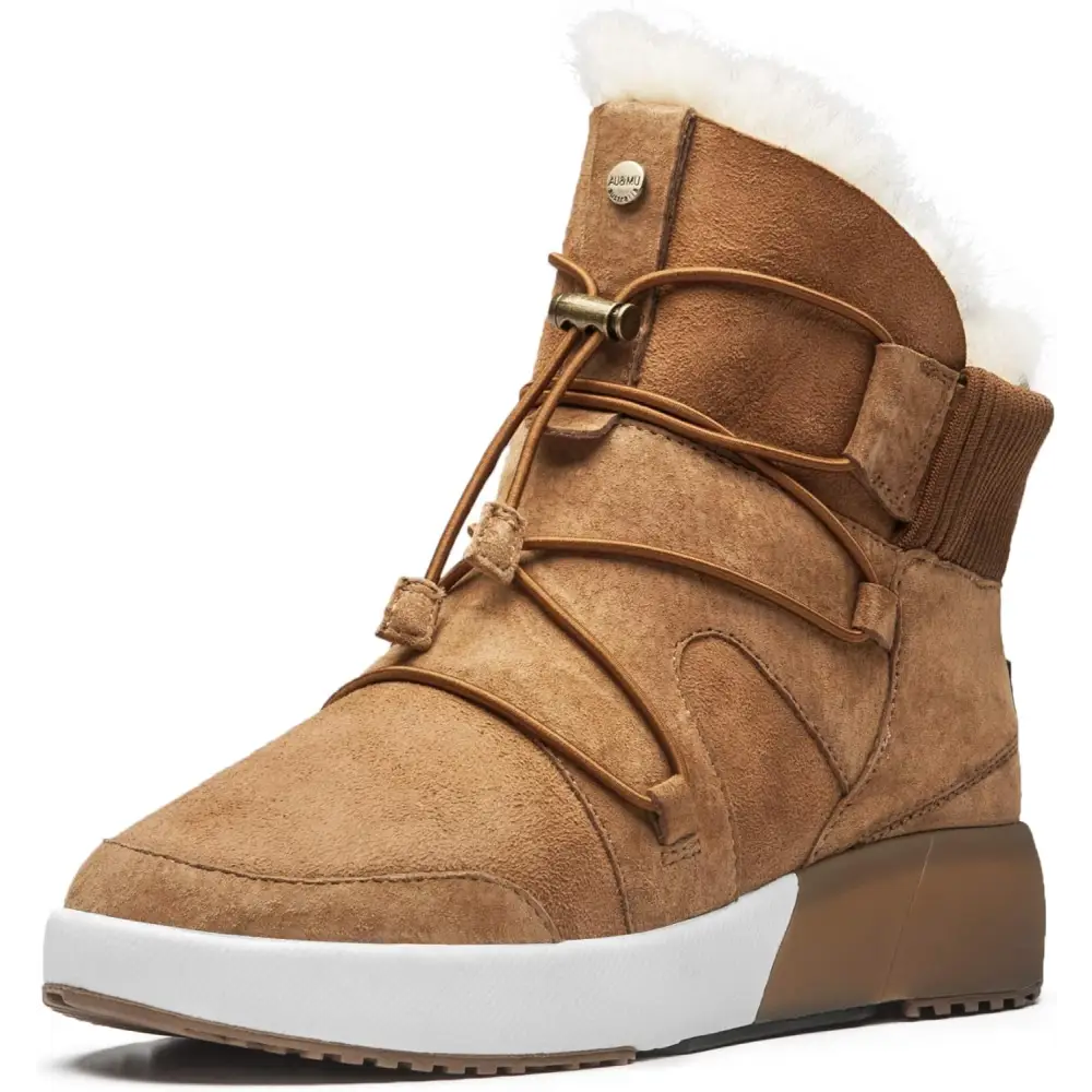 AU&MU Sheepskin Cross Elastic Bnad Metal Short Ankle Fur Wool Lining Winter Snow Boots… - Chestnut / 10.5