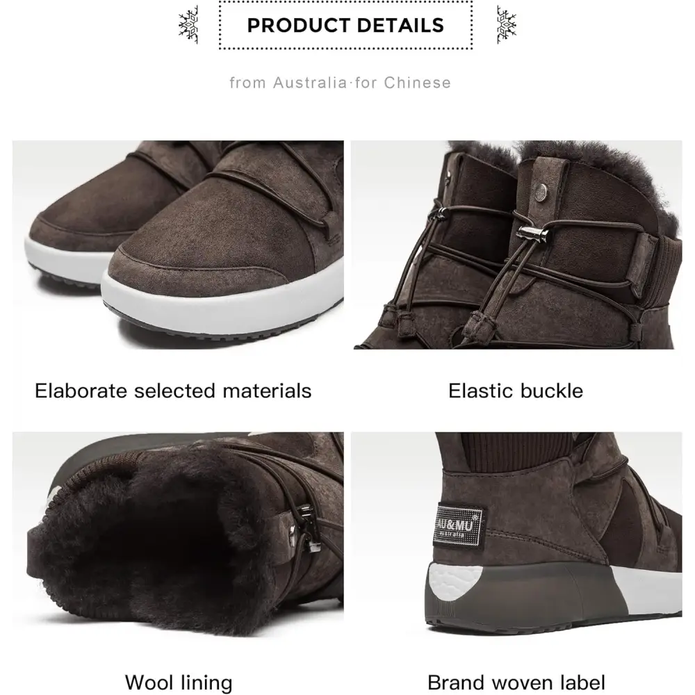 AU&MU Sheepskin Cross Elastic Bnad Metal Short Ankle Fur Wool Lining Winter Snow Boots…