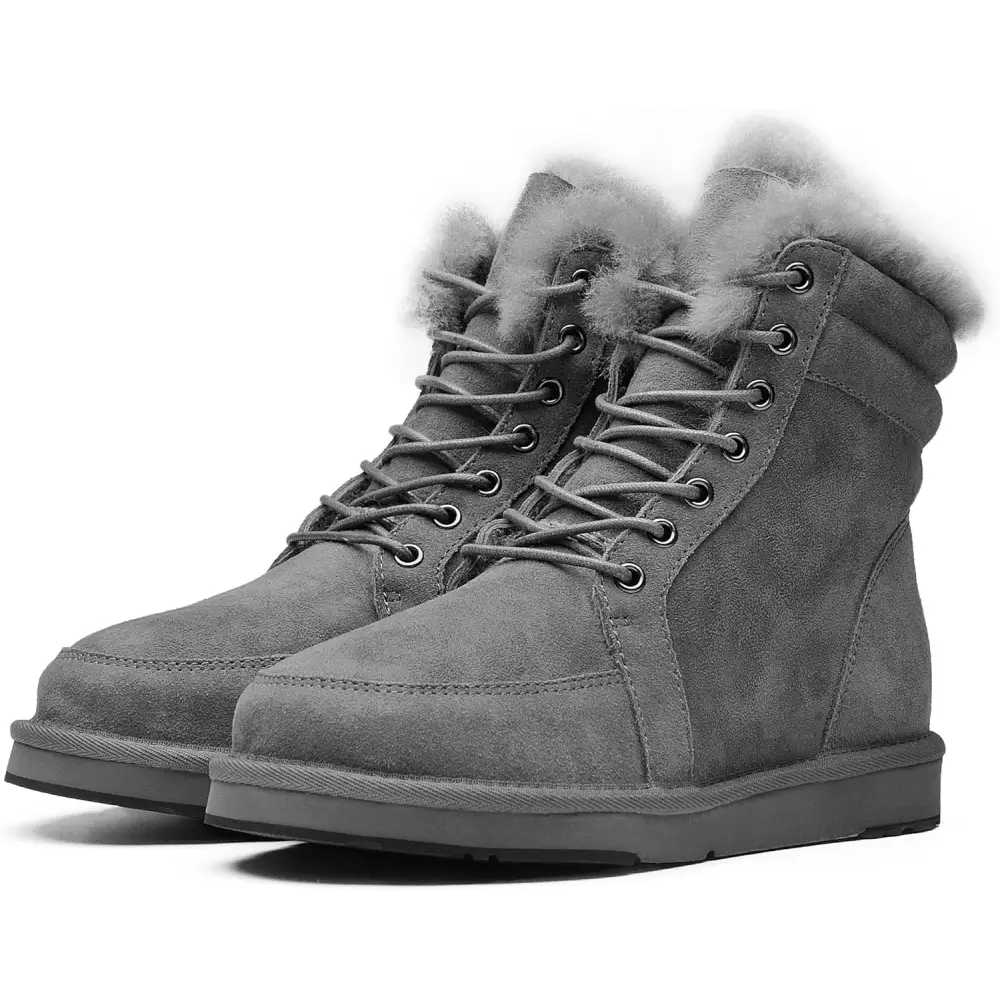 AU&MU Unisex Lace-Up Suede Short Sheepskin Winter Snow Boots