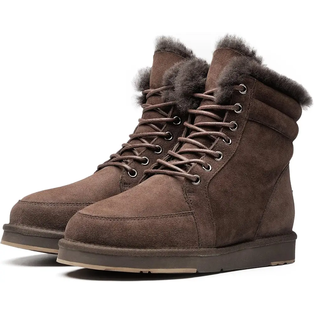 AU&MU Unisex Lace-Up Suede Short Sheepskin Winter Snow Boots