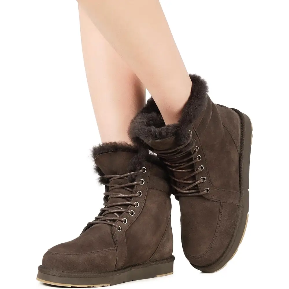 AU&MU Unisex Lace-Up Suede Short Sheepskin Winter Snow Boots