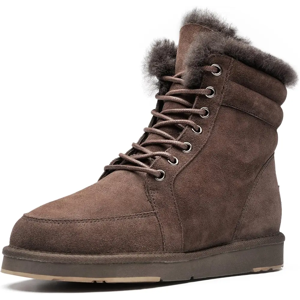 AU&MU Unisex Lace-Up Suede Short Sheepskin Winter Snow Boots - Chocolate / 8