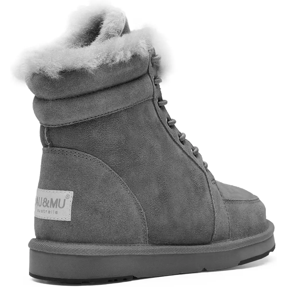AU&MU Unisex Lace-Up Suede Short Sheepskin Winter Snow Boots