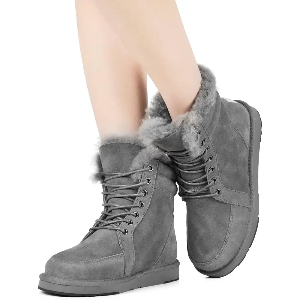 AU&MU Unisex Lace-Up Suede Short Sheepskin Winter Snow Boots